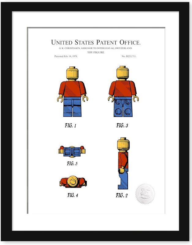 Classic Building Brick Print | 1978 Toy Figure Patent | Available as Prints or Framed | White Background | Digitally Colored | Vintage Toy Decor | (8x10" Frame)