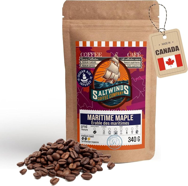 Maritime Maple Whole Bean Coffee by Saltwinds Coffee Company (340g) | Medium Roast | 100% Arabica | Low Acid | Delicious Flavoured | Freshly Roasted in the Maritimes | Made in Canada Maritime Maple Coffee (Whole Bean) 340 g (Pack of 1)