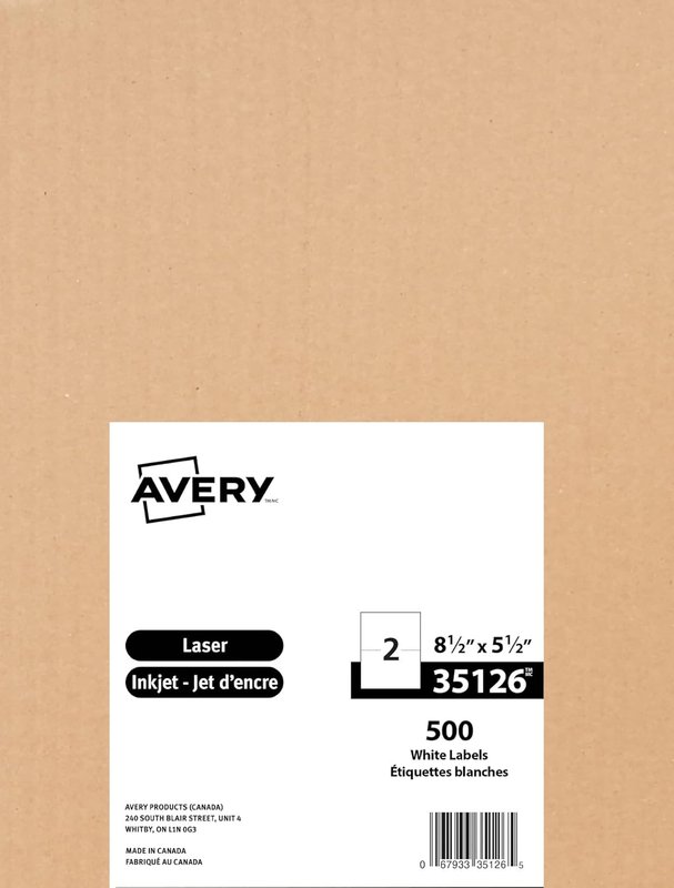 Avery 2 UP Printable Shipping Labels, 8.5" x 5.5" White Rectangle Labels, for Laser/Inkjet Printers, 500 Rectangle Labels, Permanent Adhesive, (35126), Made in Canada