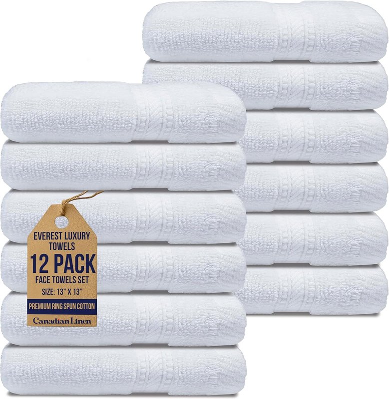 Canadian Linen Luxury White Hotel Washcloths, 13”x13”, 12 Pack, Large Extra Soft Absorbent Cotton Face Towels Lightweight Quick Dry Wash Cloth for Bathroom Hair Salon Spa Sports Gym Sports Travel Pool