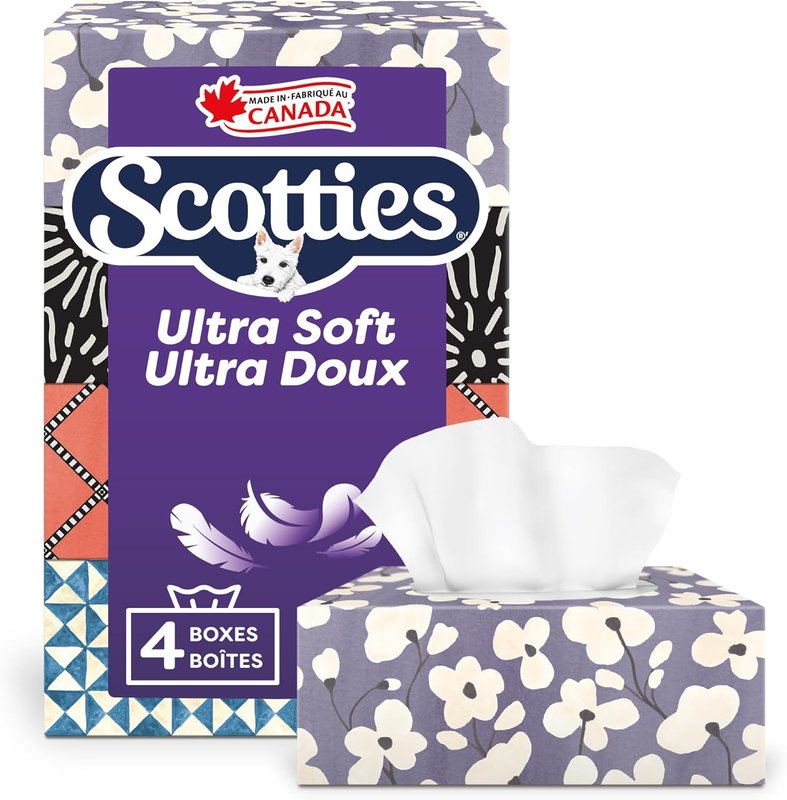 Scotties Ultra Soft - Premium 3-Ply Facial Tissue, Hypoallergenic and Dermatologist Tested, Large Size, 4 Boxes, 104 Tissues Per Box