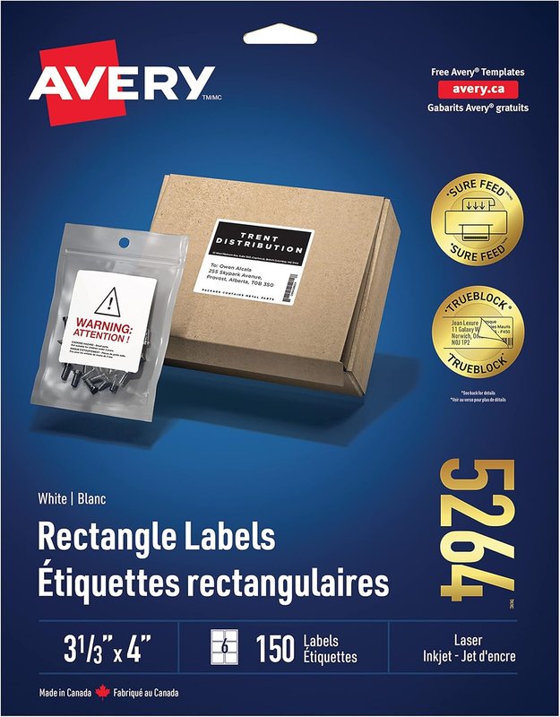 Avery TrueBlock Shipping Labels for Inkjet/Laser Printers, 3-1/3" x 4", White, Rectangle, 150 Labels, Permanent (5264) Made in Canada 3-1/3" x 4" White