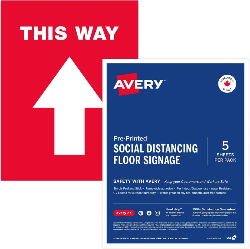 Avery "THIS WAY" Social Distancing Floor Signage Decal, Rectangle, 8.5" X 11", Red, Pack of 5 Labels, English Version (83002) Red English