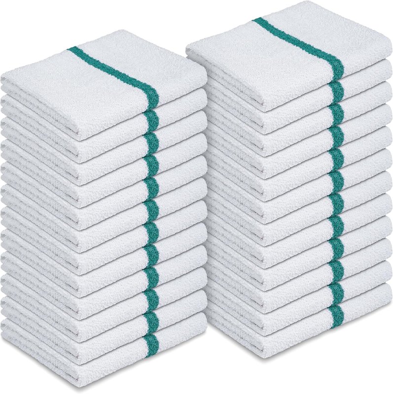 Canadian Linen White Bar Mops Green Stripe, 24 Pack, Soft Absorbent Cotton Bar Wipe Kitchen Towel Reusable Rag Quick Dry Dish Cloth Cleaning Duster for Home Office Hotel Salon Hospital Pool Gym Sport 24 Pack Bar Mops White Bar Mops With Green Stripe