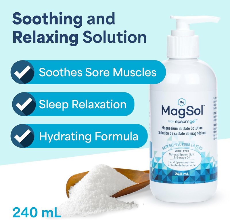Magsol™ Magnesium Lotion for Sleep & Muscle Relaxation | Topical Magnesium Sulfate Solution by epsomgel™ (240 ml) | Hydrating Skin Gel | Natural Epsom Salt with Borage Oil