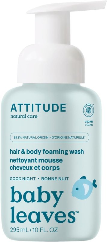 ATTITUDE 2-in-1 Hair and Body Foaming Baby Wash, Made in Canada, EWG Verified Shampoo Soap, Dermatologically Tested, Made with Naturally Derived Ingredients, Vegan, Good Night, 295 mL