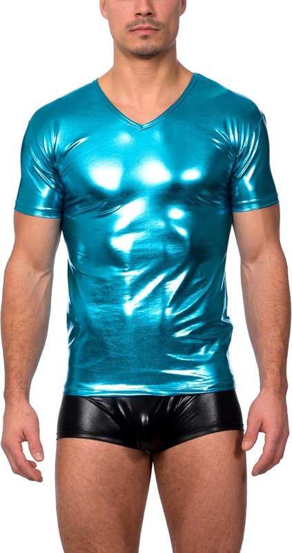Gary Majdell Sport Men's Liquid Shiny Metallic V-Neck Short Sleeve T-Shirt for Nightclub Small Liquid Turquoise