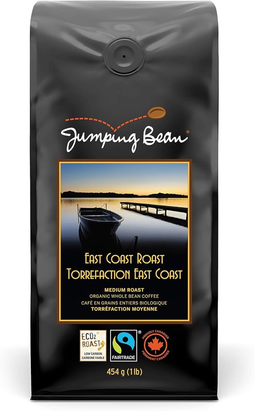 Jumping Bean East Coast Roast Organic Whole Bean Coffee, ECO2Roast, Premium Coffee, Made in Canada, Non-GMO, Medium Roast, 454g