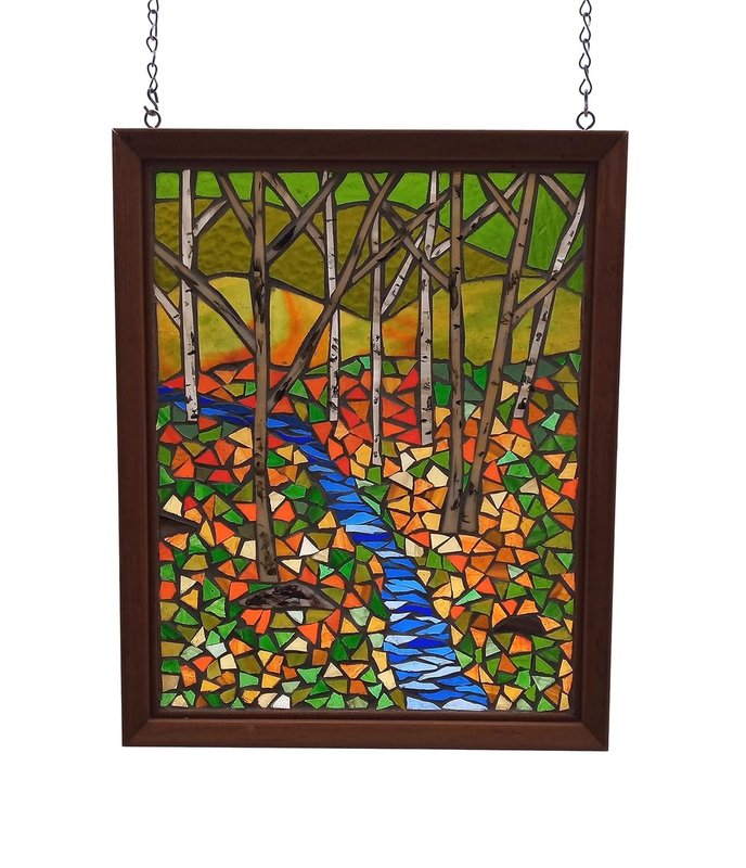 Fall Birch Trees Landscape Stained Glass Mosaic Panel