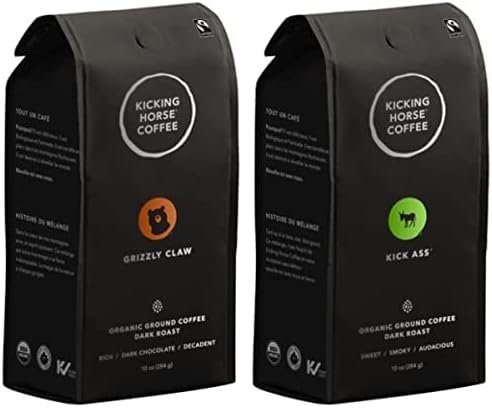 Kicking Horse Coffee - Kick Ass Blend, Ground 100% Arabica Coffee Dark Roast All Organic & Fairtrade 284 g & Grizzly Claw Blend, Ground 100% Arabica Coffee Dark Roast All Organic & Fairtrade 284 g