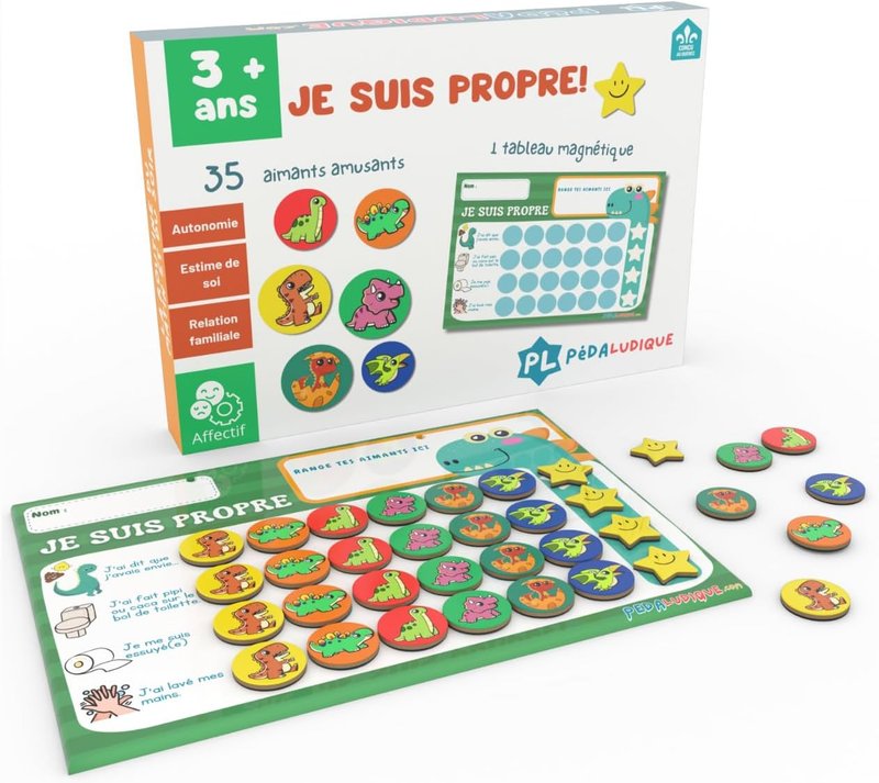 Tableau d'apprentissage de la propreté magnétique (en français) (Dinosaures)