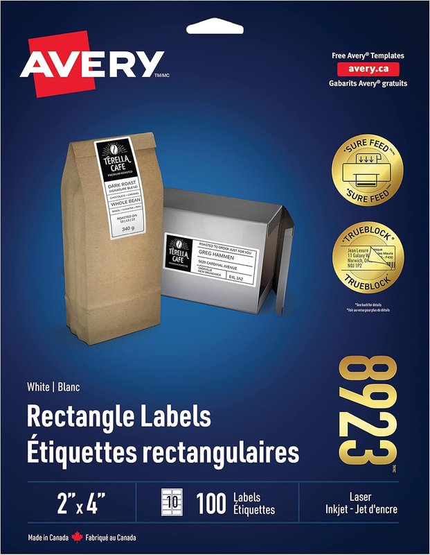 Avery 2" x 4" Shipping Labels with TrueBlock Technology for Laser/Inkjet Printers, White, Rectangle, 100 Labels, Permanent (8923) Made in Canada
