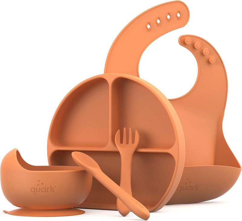 Feedi 5 Piece Silicone Feeding Set by Quark - Includes Toddler Plate & Suction Bowl, Adjustable Bib, & Utensils - for Children 6 Months & Up - Microwave & Dishwasher Safe