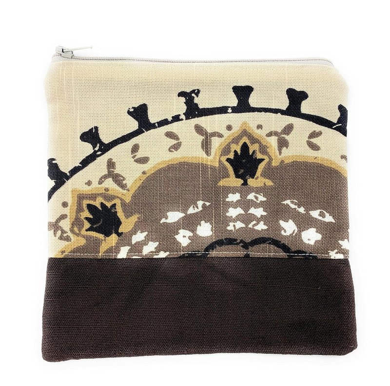Handmade in Canada - Patchwork Zippered Fabric Pouch - Travel Dwell Studio Fabric - Brown, Black, Toiletries Holder - Tech Accessories Holder - Multi-Use Small Bag - Makeup, Passport Holder - Colourful Modern Pouch