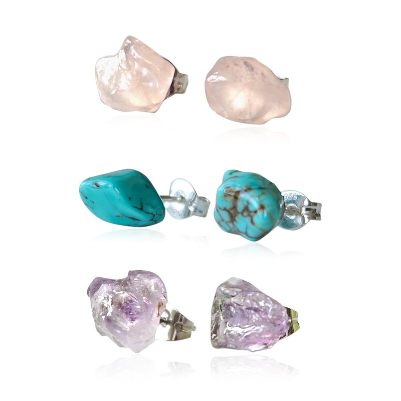NEW Designs by Nature Gems Crystal Earrings Set, Rose Quartz, Raw Amethyst & Turquoise Stud Earrings Set, In Sterling Silver, Genuine Raw Crystals, Handmade in Canada