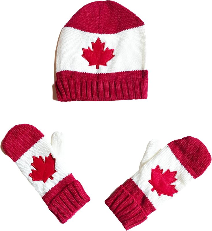 Variety To Go Maple Leaf Beanie Hat Mittens Gloves Set, Canadian Themed Beanie Hat Mittens Set Warm Knit with Fleece Lined