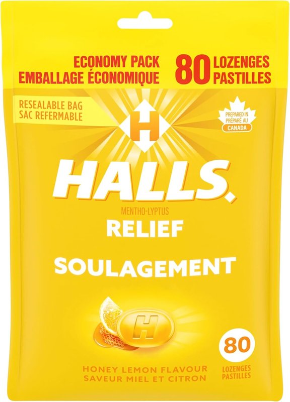 HALLS Honey Lemon Flavour Cough Drops, Throat Lozenges, Sore Throat Relief, Mentho-Lyptus, 80 Lozenges, Prepared in Canada Honey Lemon Drops