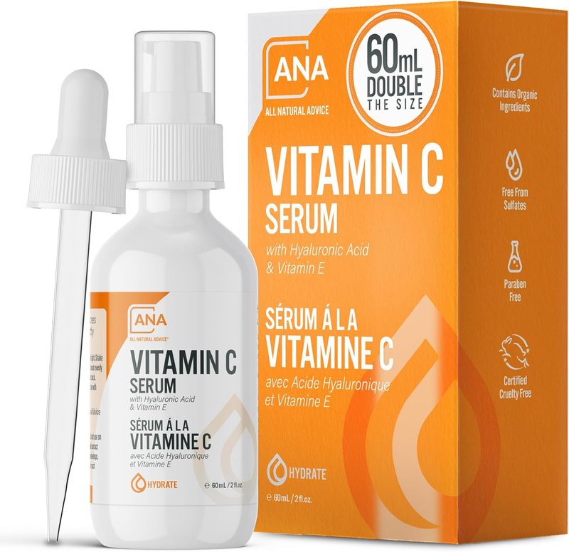 All Natural Advice Vitamin C Serum 60mL | 20% Vitamin C Face Serum Solution with Organic Botanicals, Hyaluronic Acid & Vitamin E | UV-Shielding Glass Bottle, Spray & Dropper | Canadian Skin Care