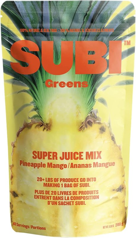 SUBI Greens Superfood Pineapple Mango Vegetable Powder, 20+ pounds of fruits and vegetables go into 1 bag, Made in Canada, Superfood Ingredients: Matcha, Kale, Barley Grass, Spirulina - 40 Day Supply
