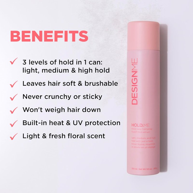 DESIGNME HOLD.ME Hairspray for Women - Strong, Medium Hold Hair Setting Spray Spray for Volume - Heat & UV Protection - Soft hair without Crunch - Fast-Drying, Long-Lasting for All Hair Types