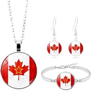 ONEYUE Canadian Maple Leaf Pendant Necklace with Earrings and Bracelet Canadian Flag Jewellery Set Gift for Women