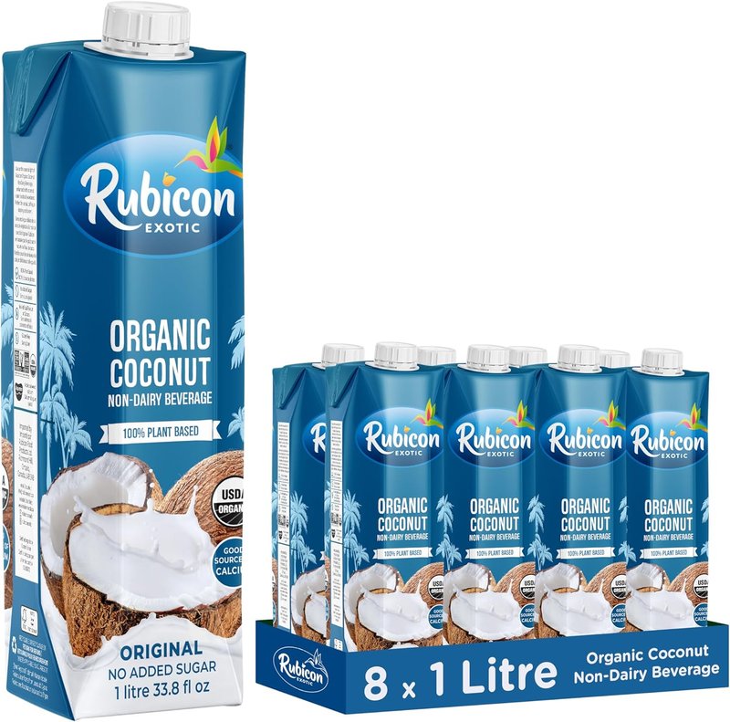 Rubicon Organic Coconut Non-Dairy Milk Beverage | 1L Cartons | 100% Plant Based | Good Source of Calcium | Lactose Free, Non-GMO, No Added Sugar | Organic | Vegan & Vegetarian (Pack of 8) 1 l (Pack of 8)