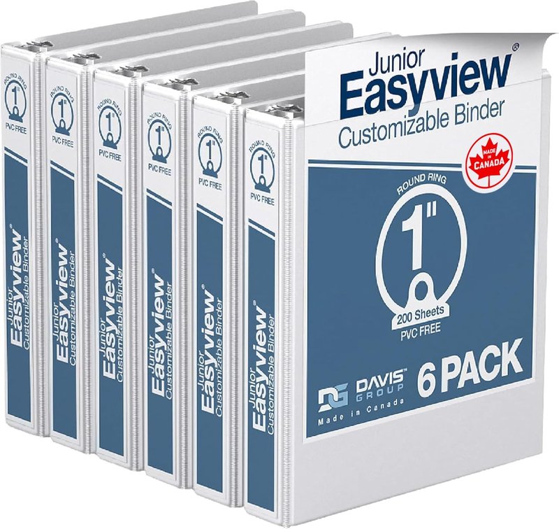 Easyview Premium, 1-Inch Mini Binder, 3-Ring Binders for School, Office, or Home, Colored Binder Notebooks, Pack of 6, Round Ring, White 1 Inch White