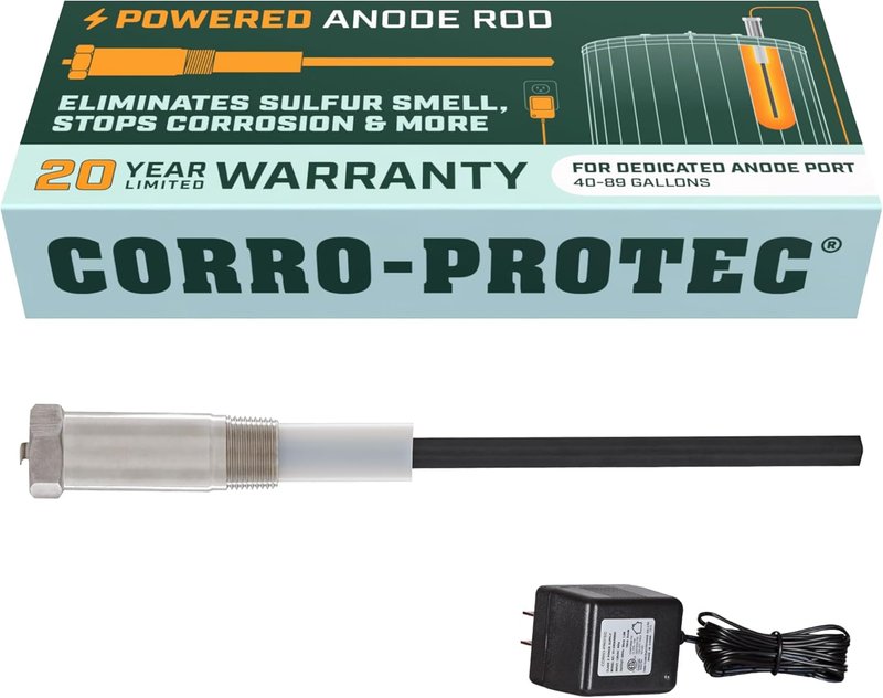 Corro-Protec™ Powered Anode Rod for Water Heater, 20-Year Warranty, Eliminates Rotten Egg/Sulfur Smell Within 24 Hours, Stops Corrosion and Reduces Limescale, Electrical Anode Rod Made of Titanium 40-89 Gallon Tank