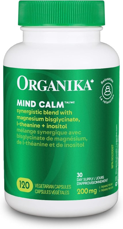 Organika Canadian-Made Mind Calm- with Magnesium Bisglycinate, L-Theanine, GABA, Inositol- Promotes Relaxation and Calm without Drowsiness- 120vcaps