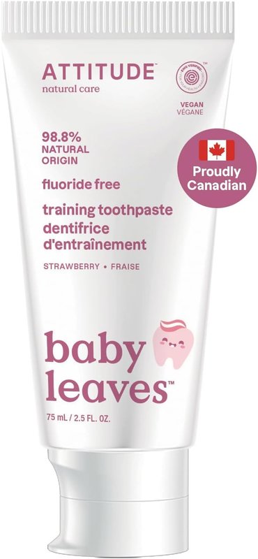 ATTITUDE Fluoride-Free Training Toothpaste for Baby and Child, Made in Canada, EWG Verified, Plant and Mineral-Based Ingredients, Vegan and Cruelty-free Baby Products, Strawberry, 75 grams