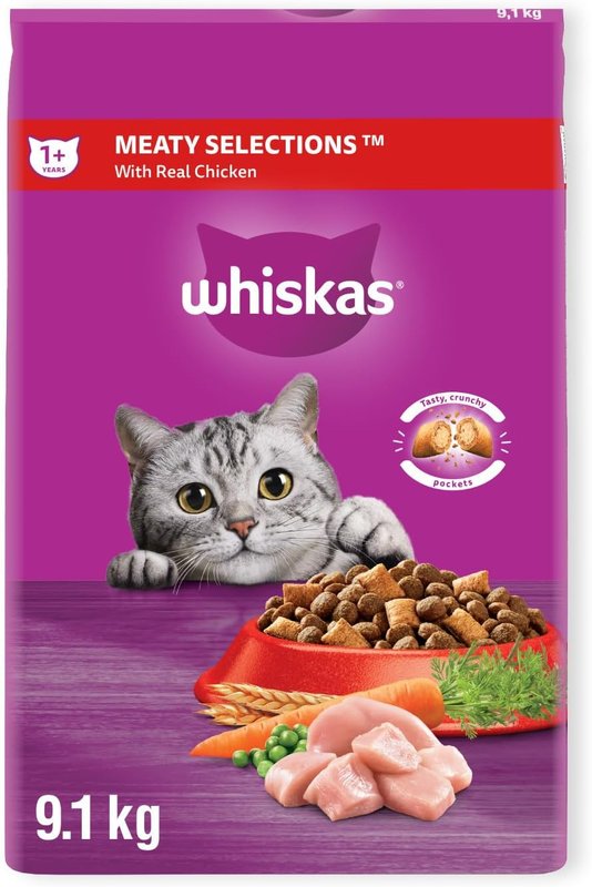WHISKAS Meaty Selections Adult Dry Cat Food with Real Chicken, 9.1 kg (Pack of 1)