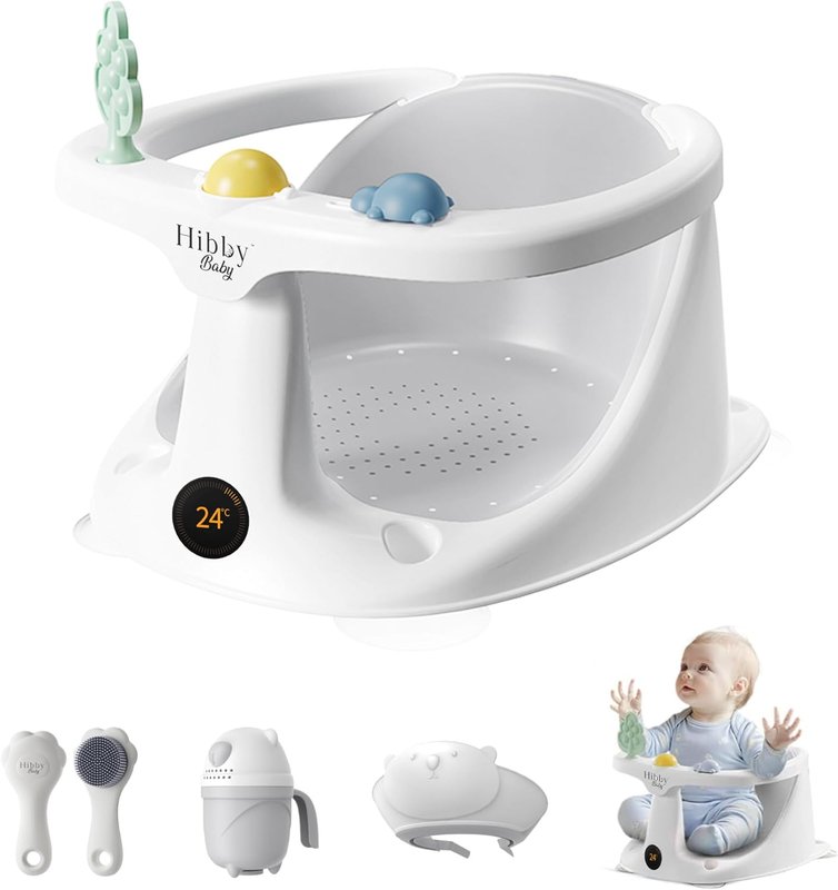 Hibby Baby Bath Seat | Canadian Brand | Integrated Thermometer, Silicone Hair Brush, Rinse Cup, Bath Cap, Toys | Sit-up Safe Bathing | Gray