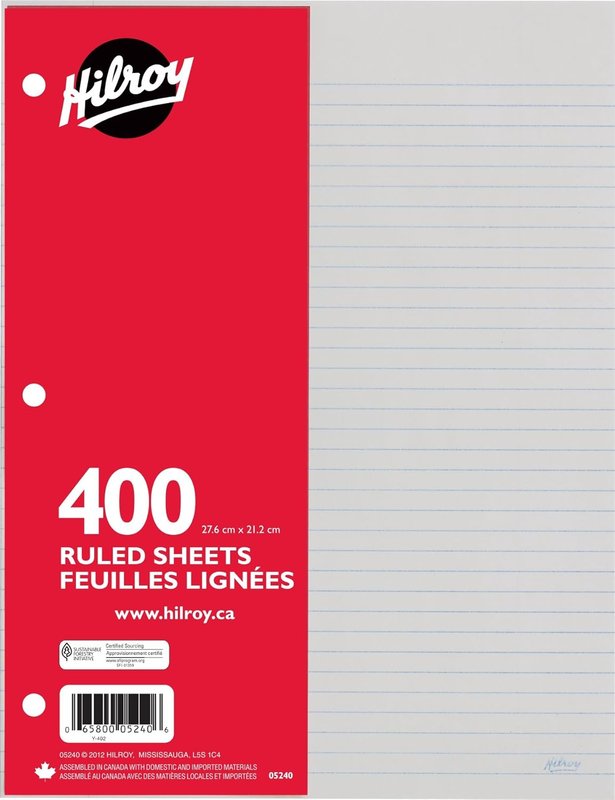 Hilroy Ruled Refill Paper, 3-Hole Punched, 8-3/8" x 10-7/8", 400 Sheets, White (05240) 400 sheets/1 pack Virgin Paper