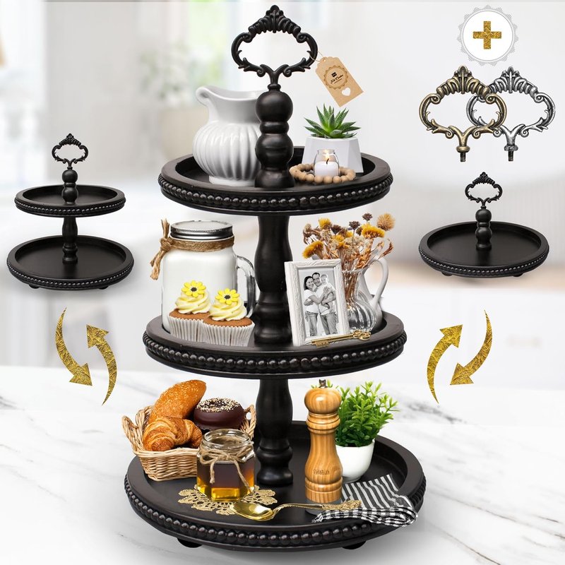Canadian Small Business [3-in-1] Wooden Tiered Tray Stand [with 3 Handles] - Beaded 3 Tiered Tray Decor Wood Cupcake Stand, Farmhouse Country Rustic 3 Tier Stand by Felt Creative Home Goods (Black)