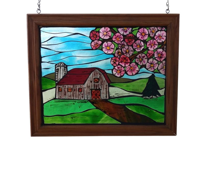 Spring Farm Landscape Stained Glass Mosaic Panel