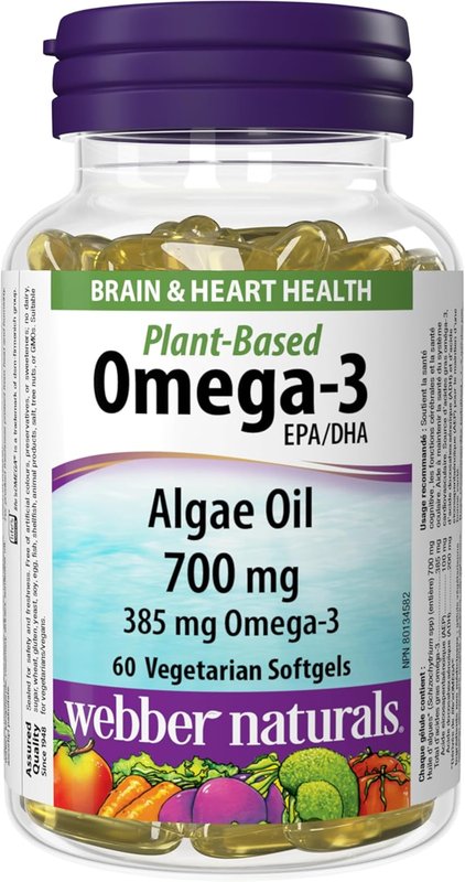 Webber Naturals Plant-Based Omega-3, 60 Softgels, Fish-Free Source of Omega-3, From Sustainably Cultivated Algae, Vegan