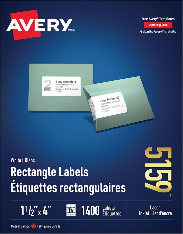 Avery Address Labels for Inkjet/Laser Printers, 1-1/2" x 4", White, Rectangle, 1400 Labels, Permanent (5159) Made in Canada 1-1/2" x 4" Label