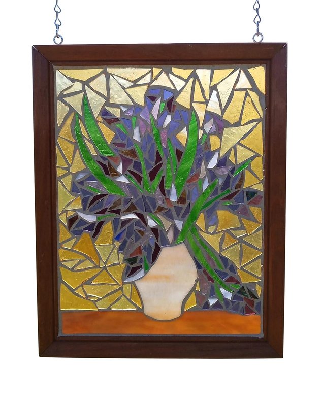 Van Gogh Purple Irises in a Vase, Mosaic Stained Glass Panel