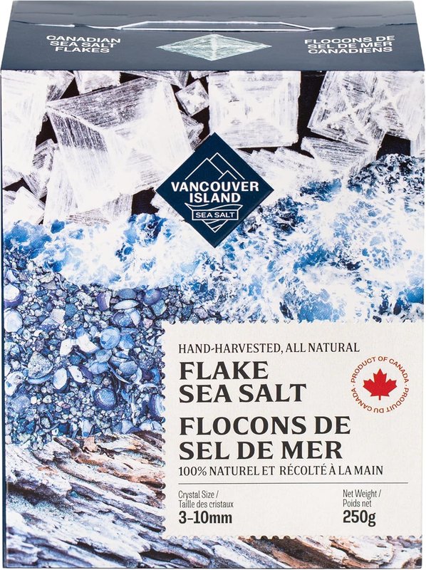 Sea Salt - 250 grams of Large Salt Flakes - Hand Harvested on Vancouver Island - Perfect for Seasoning, Baking, Cooking, and Finishing - All Natural Flaked Salt