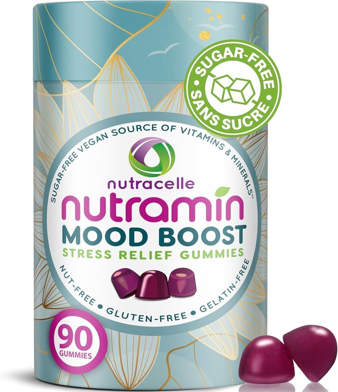 NUTRAMIN Canadian Mood Boost Stress Relief Multivitamin Gummy - Sugar-Free, 100% Vegan, Naturally Reduce Anxiety & Improve Mood Calming Supplement - Ashwagandha, B12 Vitamin & Magnesium Gummies for Adults - Delicious Strawberry -90 Count