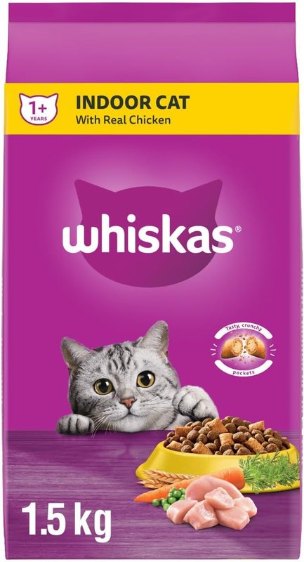 WHISKAS Adult Dry Cat Food - Indoor With Real Chicken, 1.5kg Bag