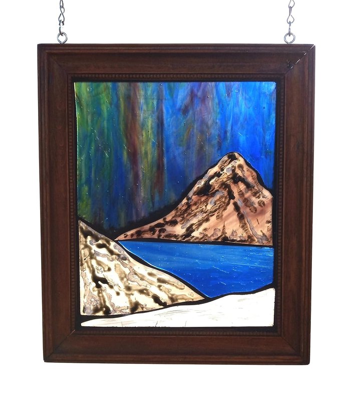 Winter Northern Lights Mountain Landscape Stained Glass Mosaic Panel