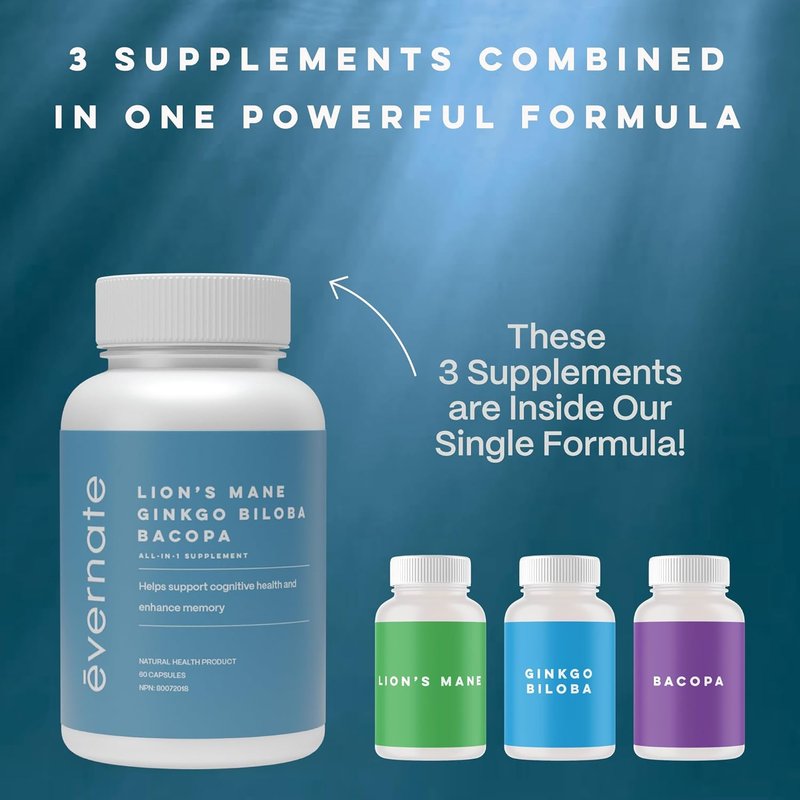 ALL-IN-ONE Lion's Mane 1,600 mg, Ginkgo Biloba 5,500 mg, Bacopa Monnieri 3,600 mg Bundle – Nootropic for Memory, Focus, and Brain Health – 2 Capsules Per Serving, Vegan, Made in Canada,