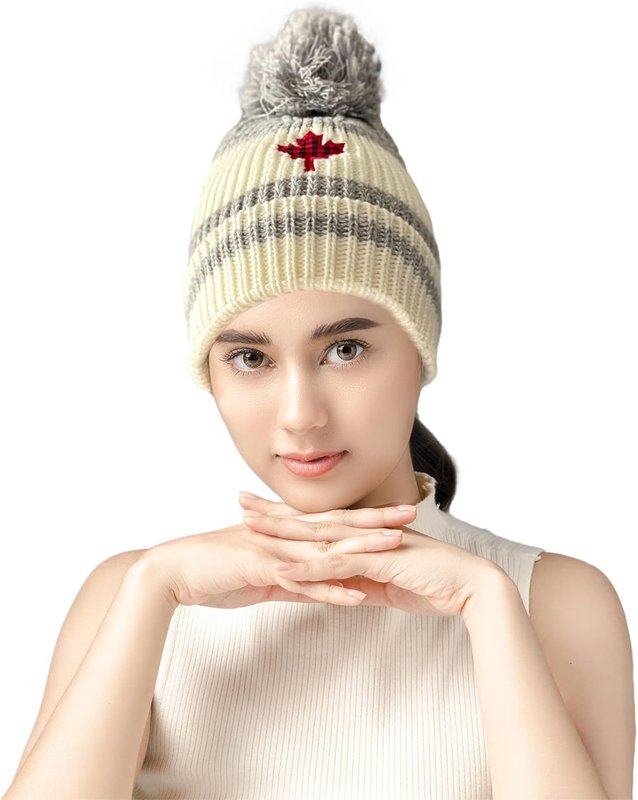 Doorbeen Canada Maple Leaf Beanie Hats Canadian Flag Winter Beanies for Women Men Cotton (Grey and White)