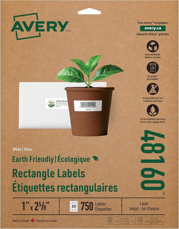 AVERY White EcoFriendly Mailing Labels, 1" x 2-5/8", White, Rectangle, 750 Labels, Permanent (48160) Made in Canada