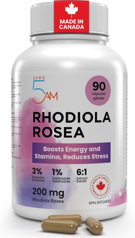 Live 5AM Rhodiola Rosea Supplement 200 mg | 90 Capsules 6:1 Extract Rhodiola Supplement, Adaptogen for Energy, Mental Focus, Stamina & Stress Relief, With 3% Rosavins & 1% Salidroside | Made in Canada 90 count (Pack of 1)