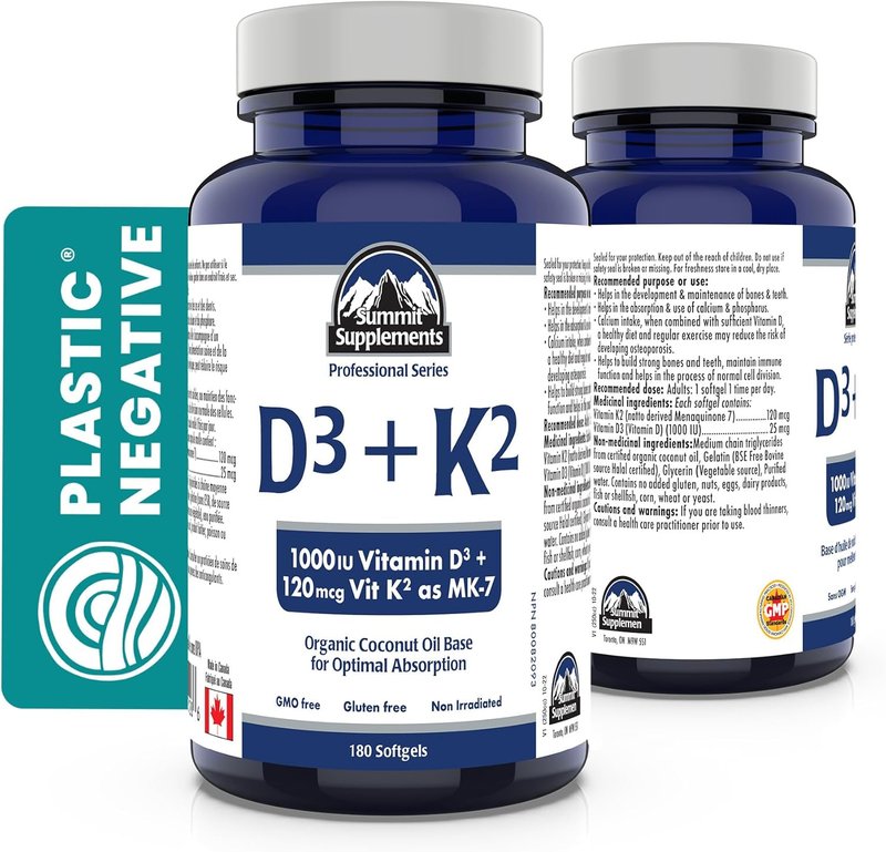 Proudly Canadian & Plastic Negative Vitamin D3 K2, 180 Softgels - D3(1000IU-25mcg)+K2(120mcg) - 3rd Party Tested