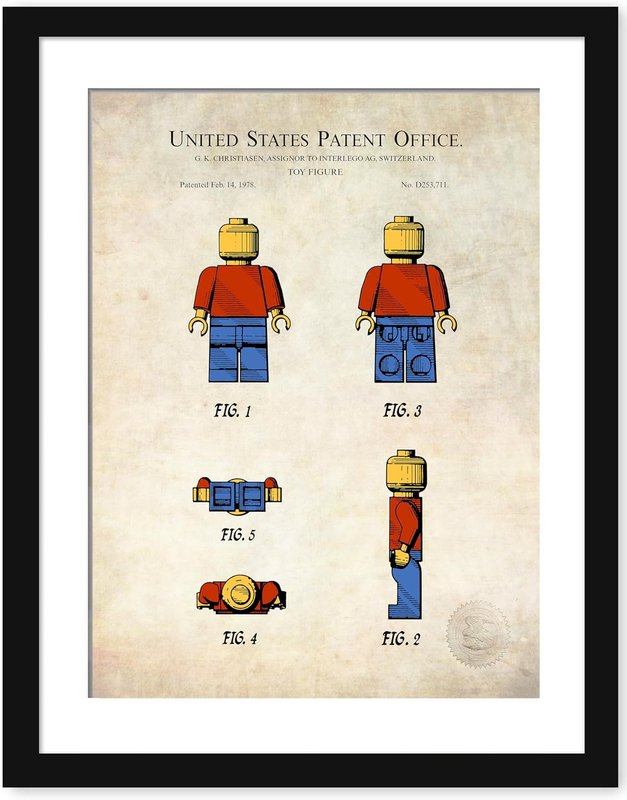 Iconic building block Design Print | 1978 Toy Figure Patent | Available as Prints or Framed | Kids Room Wall Art | Antique Background | Digitally Colored | (12x16" - Print Only)