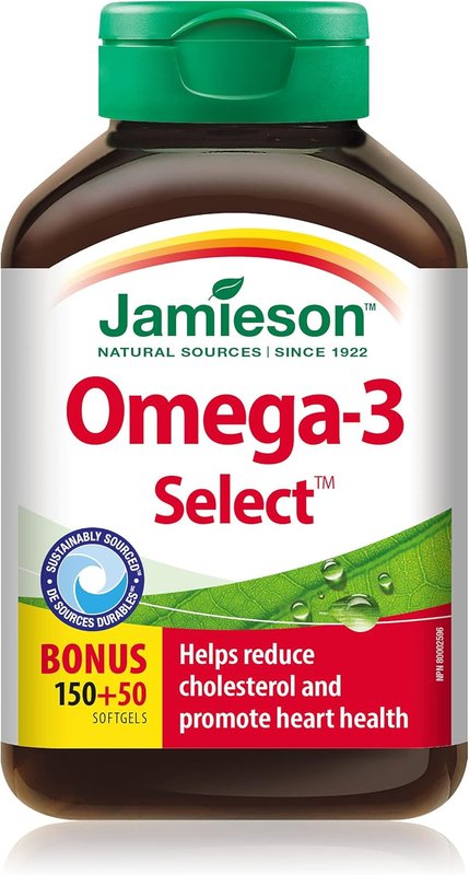 Jamieson Omega-3 Select 1,000 mg, Improves Heart Health, Supports Brain Health, and Reduces Inflammation. With 300 mg EPA and 200 mg DHA, Non-GMO, Gluten-Free, 200 Softgels