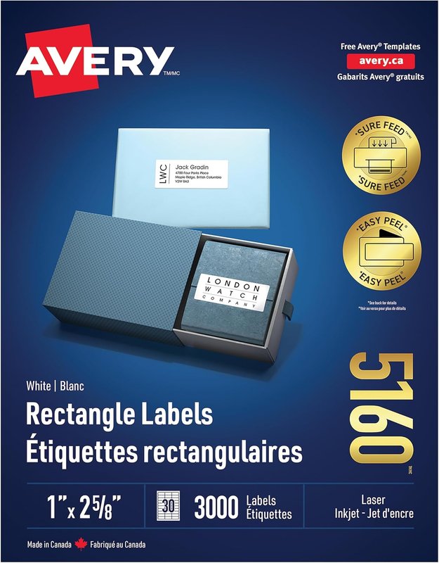 Avery 5160 Address Mailing Labels, 1'' x 2-5/8'' 30up 3000 Labels, FBA Labels, Laser/Inkjet Printers, Permanent Labels, (5160), Made in Canada 3000 Labels Mailing Labels